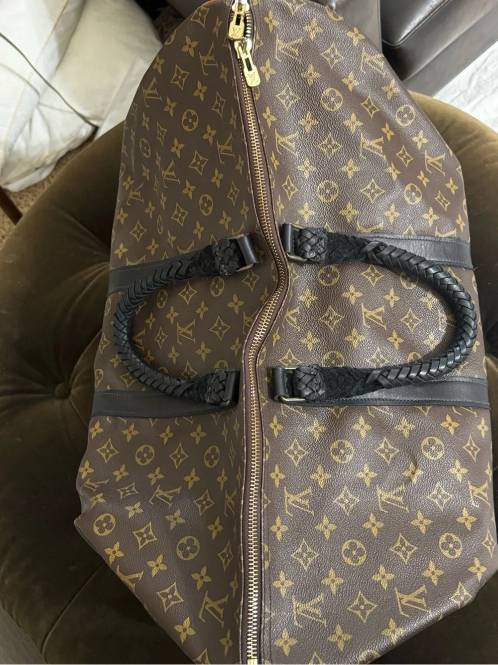 Louis Vuitton Brown Monogram Duffel Bag with Black Braided Handles